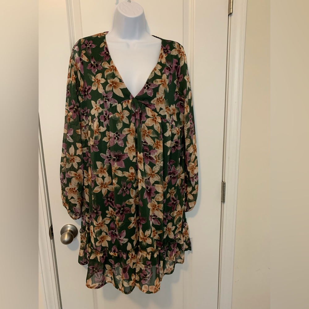 Pink Lily Floral Midi Dress - Green and Purple